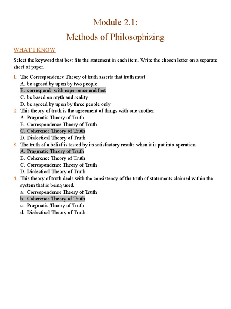 Philosophy Module 2.1 What I Know | PDF | Truth | Theory