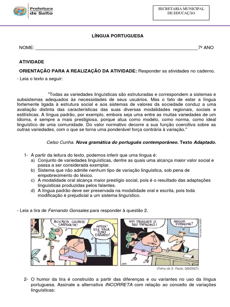 Atividades sobre Variação Linguística 7º Ano | PDF | Linguística ...