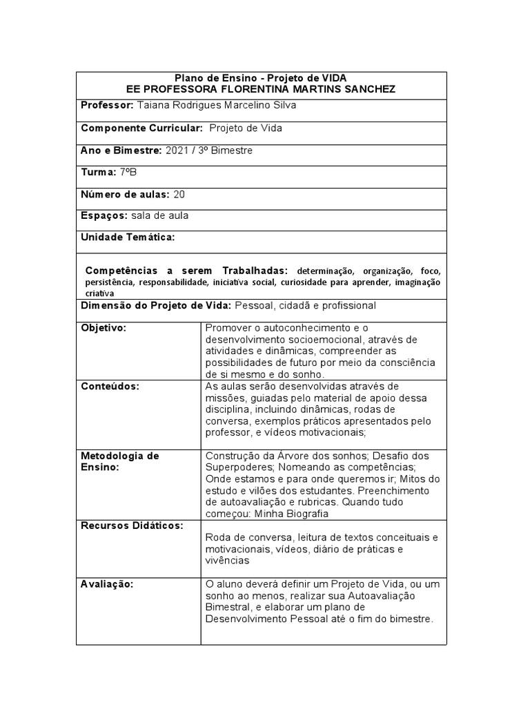 Plano de Aula - Projeto de Vida | PDF