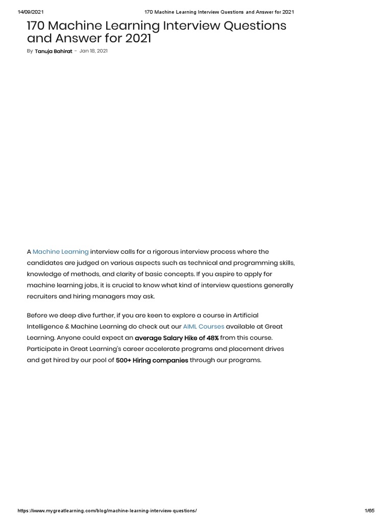 170 Machine Learning Interview Questions | PDF | Machine Learning ...