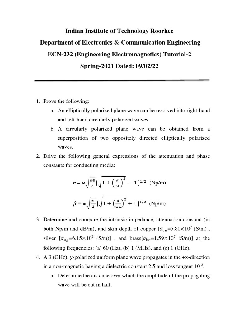 EC 232 Tutorial 2 | PDF | Waves | Polarization (Waves)