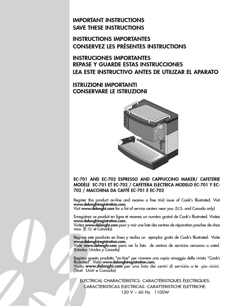 Delonghi Ec702 User Manual PDF Ac Power Plugs And Sockets Coffee