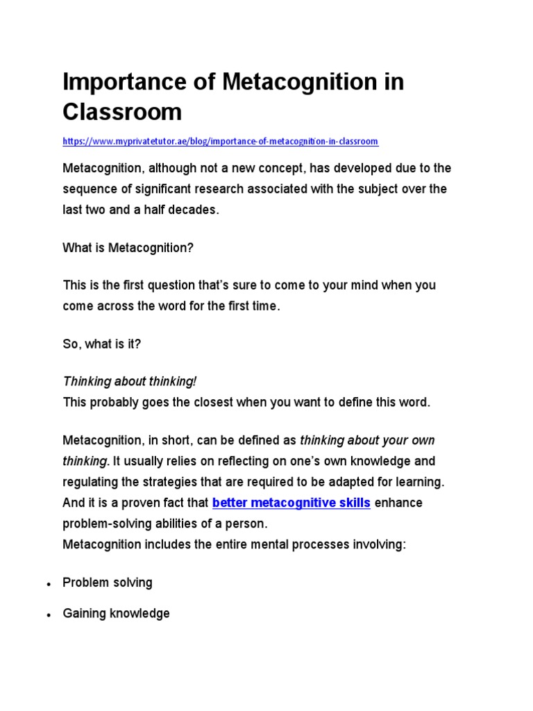 Metacognition's Role in Classroom Learning | PDF | Metacognition | Learning