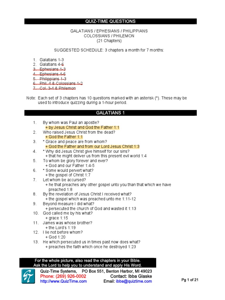 Galatians Quiz Questions - 1 | PDF | Jesus | Epistle To The Colossians