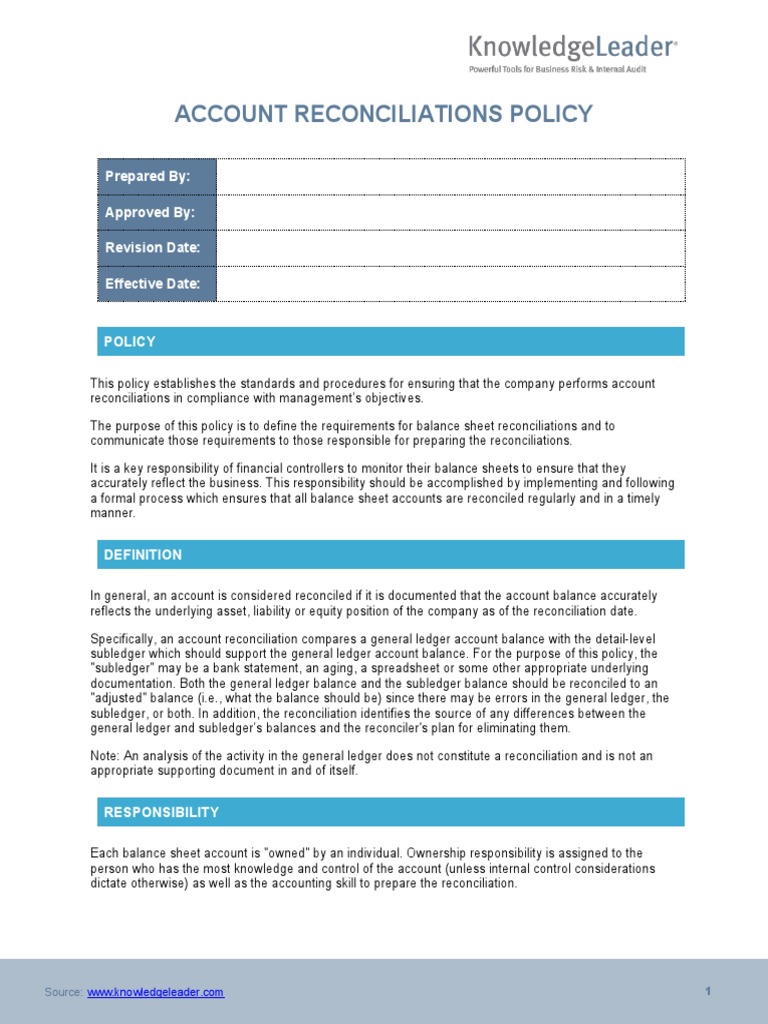 Account Reconciliations Policy | PDF | Balance Sheet | Business