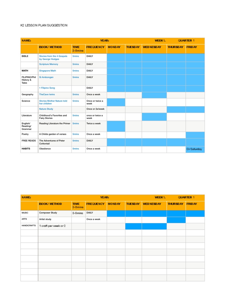 K2 Weekly Lesson Plan Overview | PDF