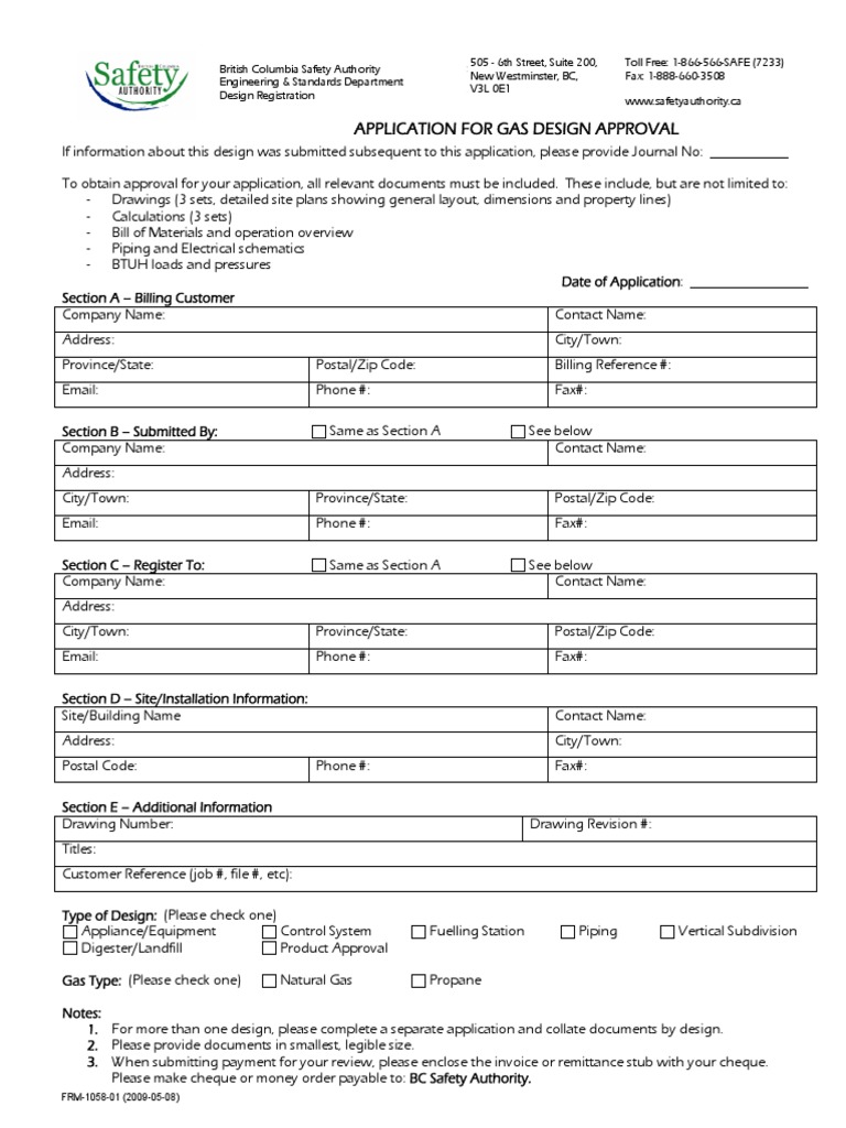 BC Safety Authority Design Registration Form PDF Cheque