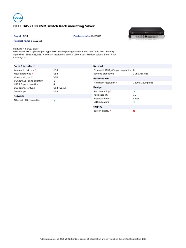 DELL DAV2108 KVM Switch Rack Mounting Silver: Brand: Product Code ...