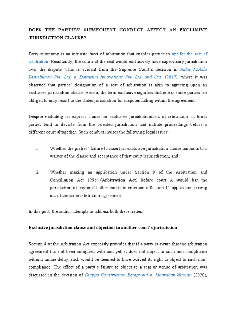 Does The Parties' Subsequent Conduct Affect An Exclusive Jurisdiction