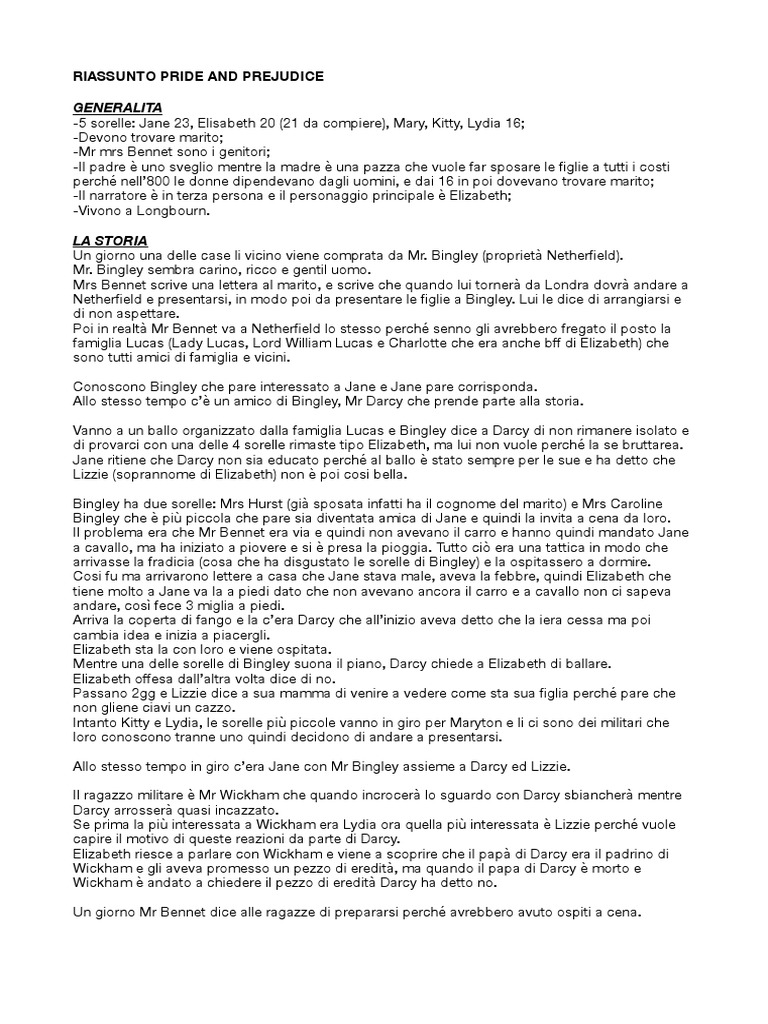 Riassunto Orgoglio e Pregiudizio PDF