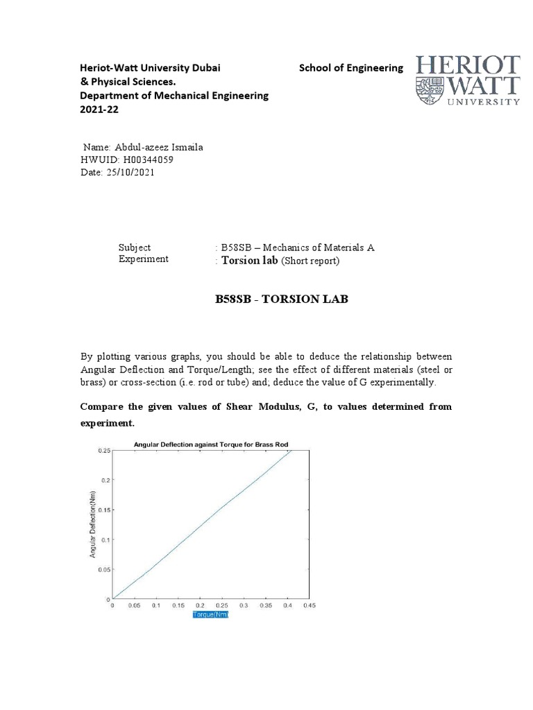 Torsion Lab Report: Shear Modulus Analysis | PDF | Young's Modulus ...