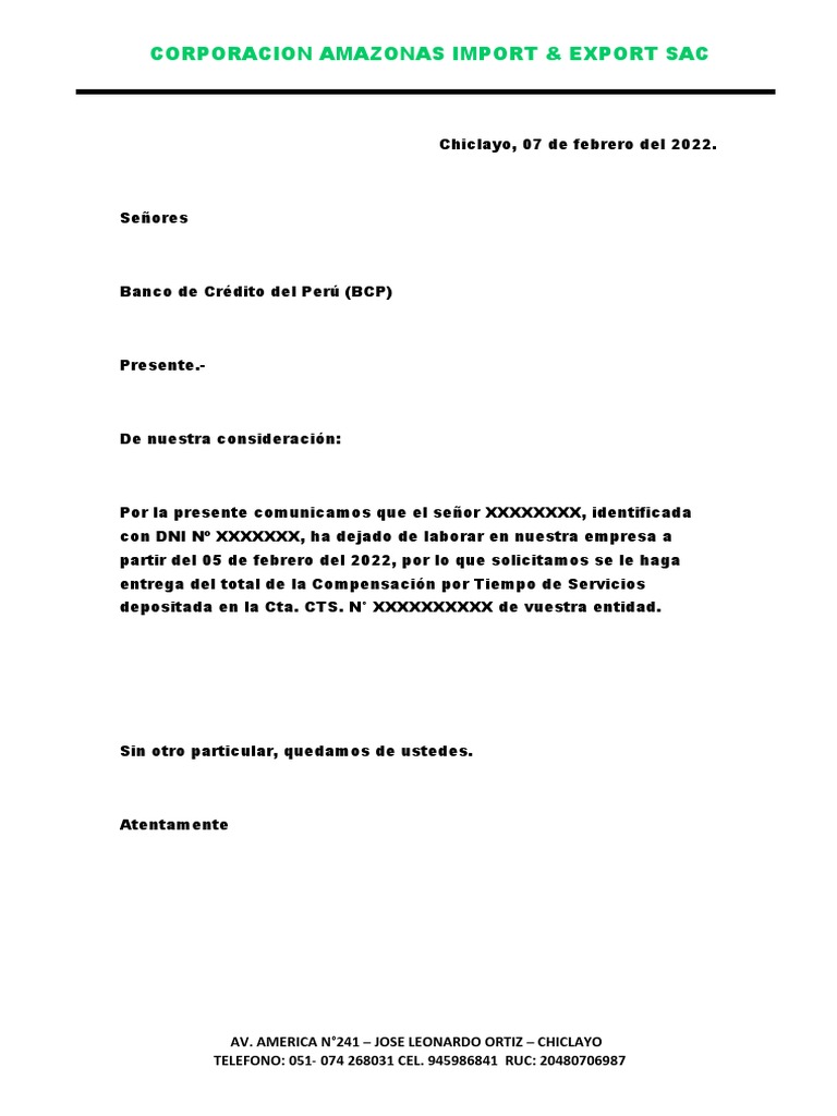 Carta Para Liberacion De Cts Perú Pdf