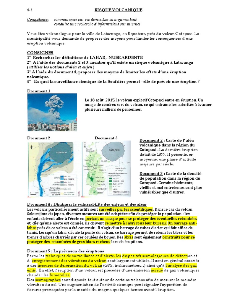 Les Risques Géologiques Svt 4ème Devoir Maison 4-f Risque Volcanique | PDF | Volcan | Volcanisme