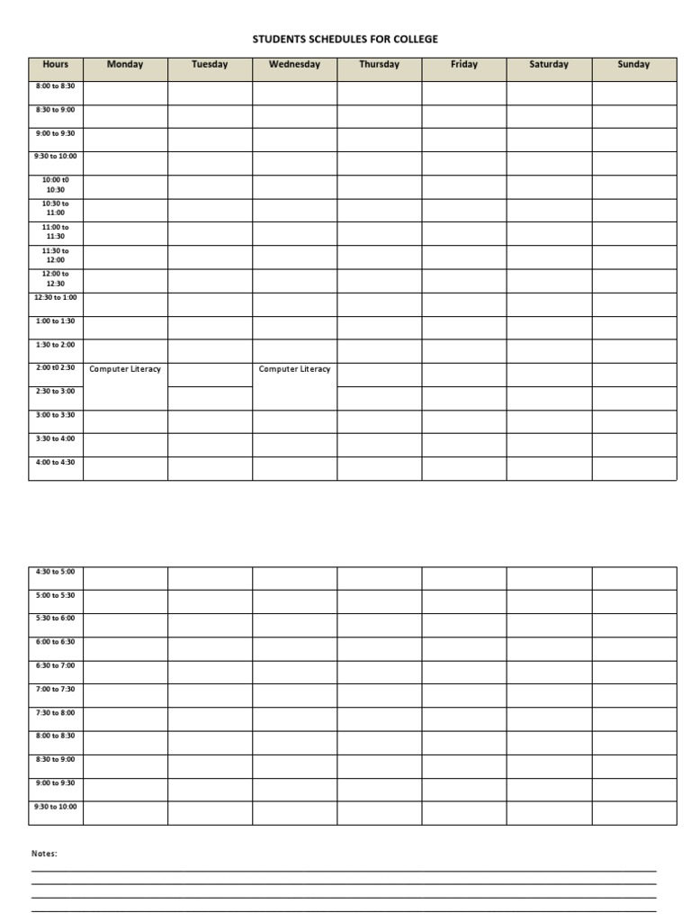Students Schedules For College: Hours Monday Tuesday Wednesday Thursday ...
