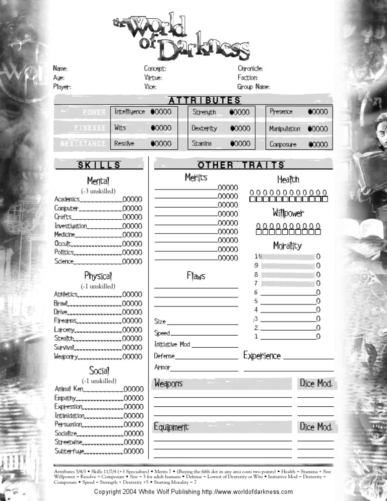 World of Darkness Sheet PDF Cognitive Science Psychology