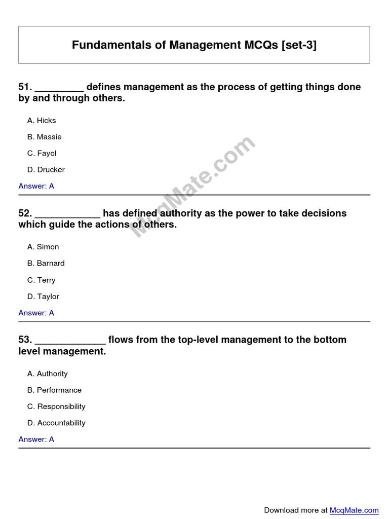 Management MCQs Set 3 Guide | PDF | Leadership | Business