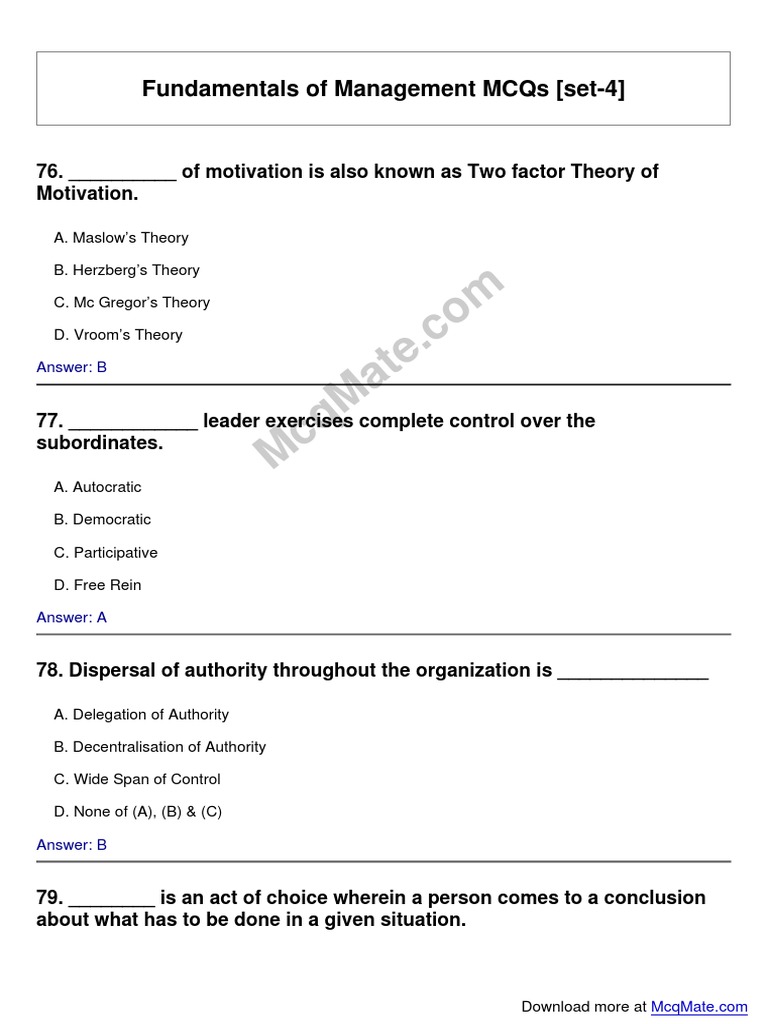 Management MCQs Set 4 | PDF | Applied Psychology | Behavioural Sciences