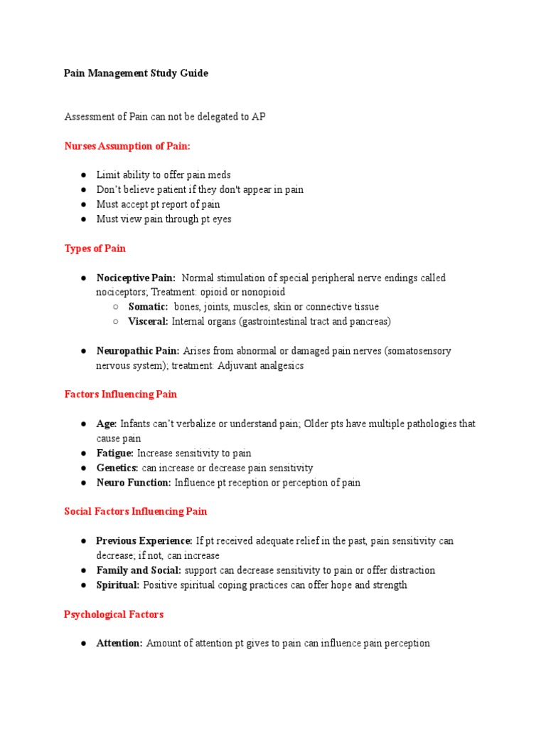 Pain Management Study Guide Nursing PDF Pain Pain Management