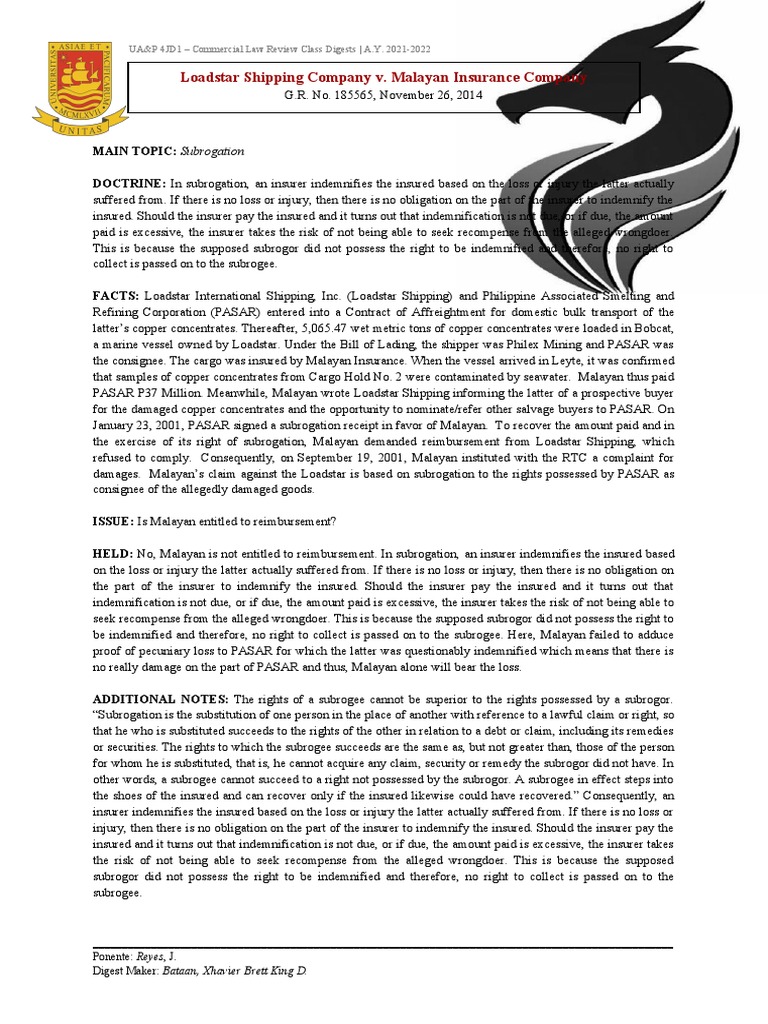 Loadstar v. Malayan Insurance Subrogation | PDF | Subrogation | Indemnity