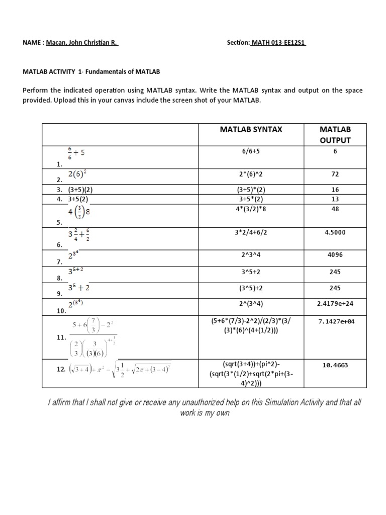 Matlab Syntax Matlab Output: NAME: Macan, John Christian R. Section ...