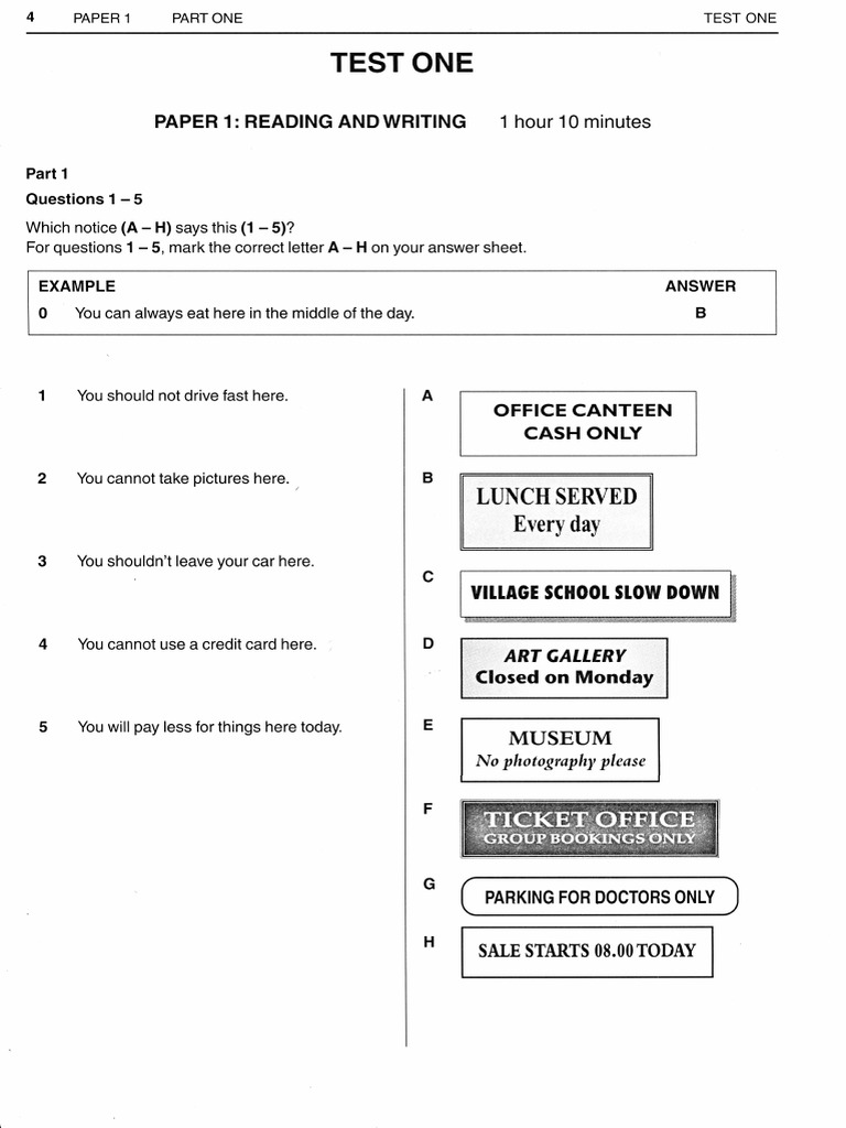 Test One Paper 1 Reading and Writing PDF