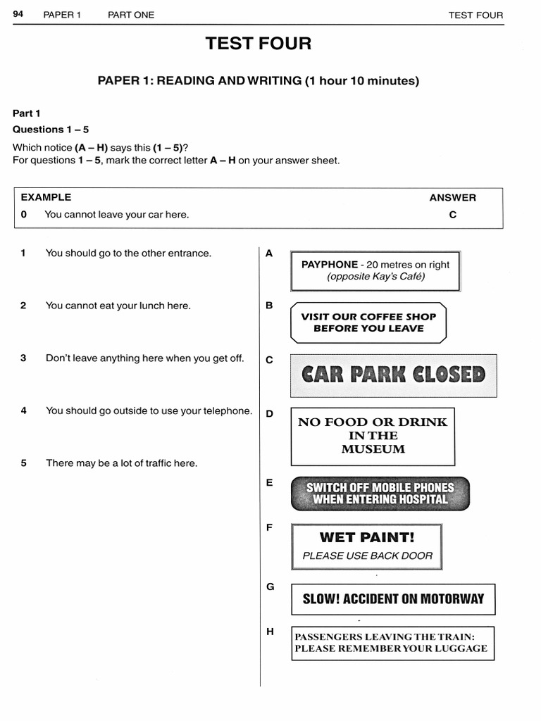 Test Four PAPER 1 READING AND WRITING (1 Hour 10 Minutes) PDF