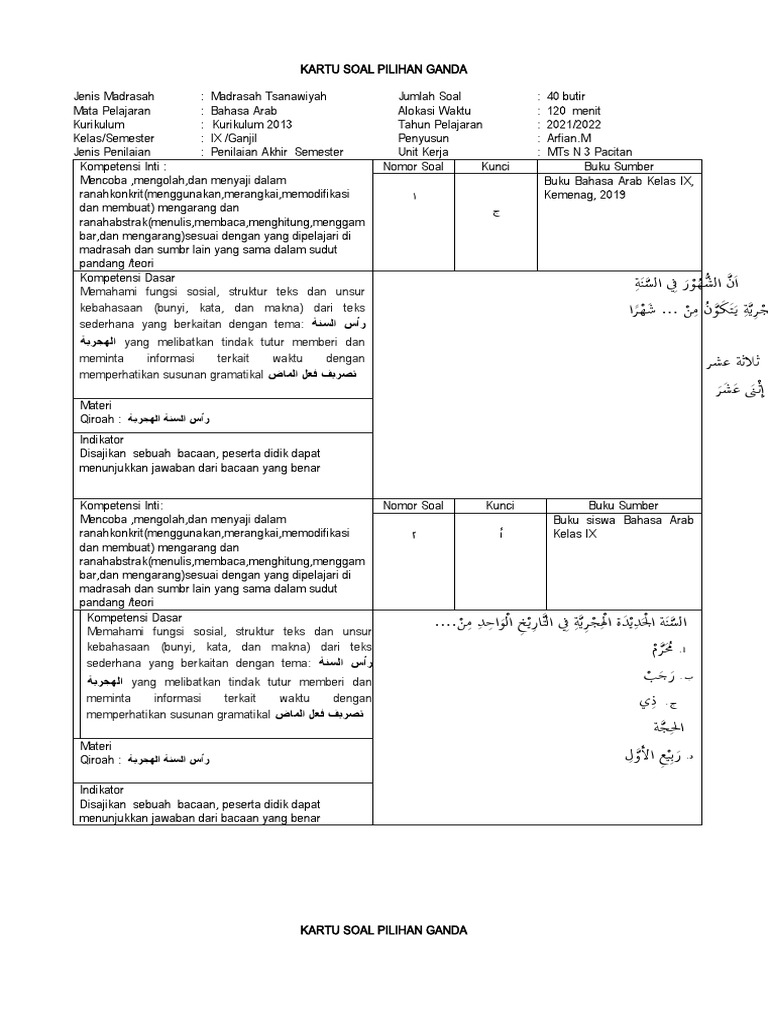 Soal Bahasa Arab Kelas 9 Semester 1 | PDF