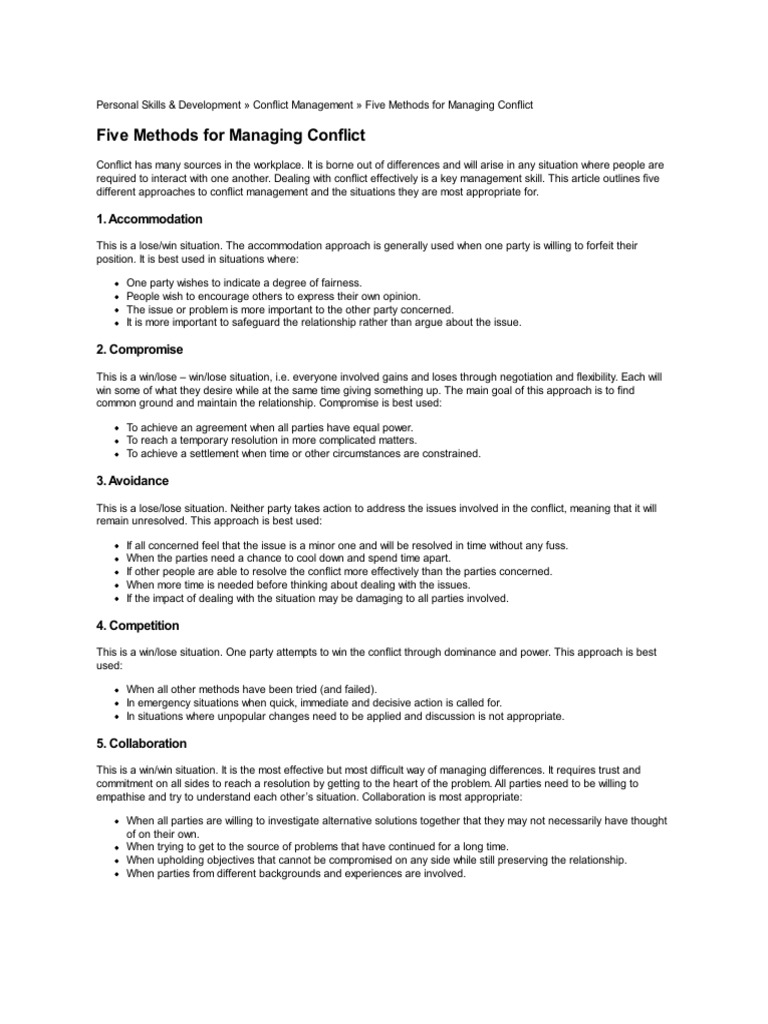 Five Approaches to Conflict Management | PDF