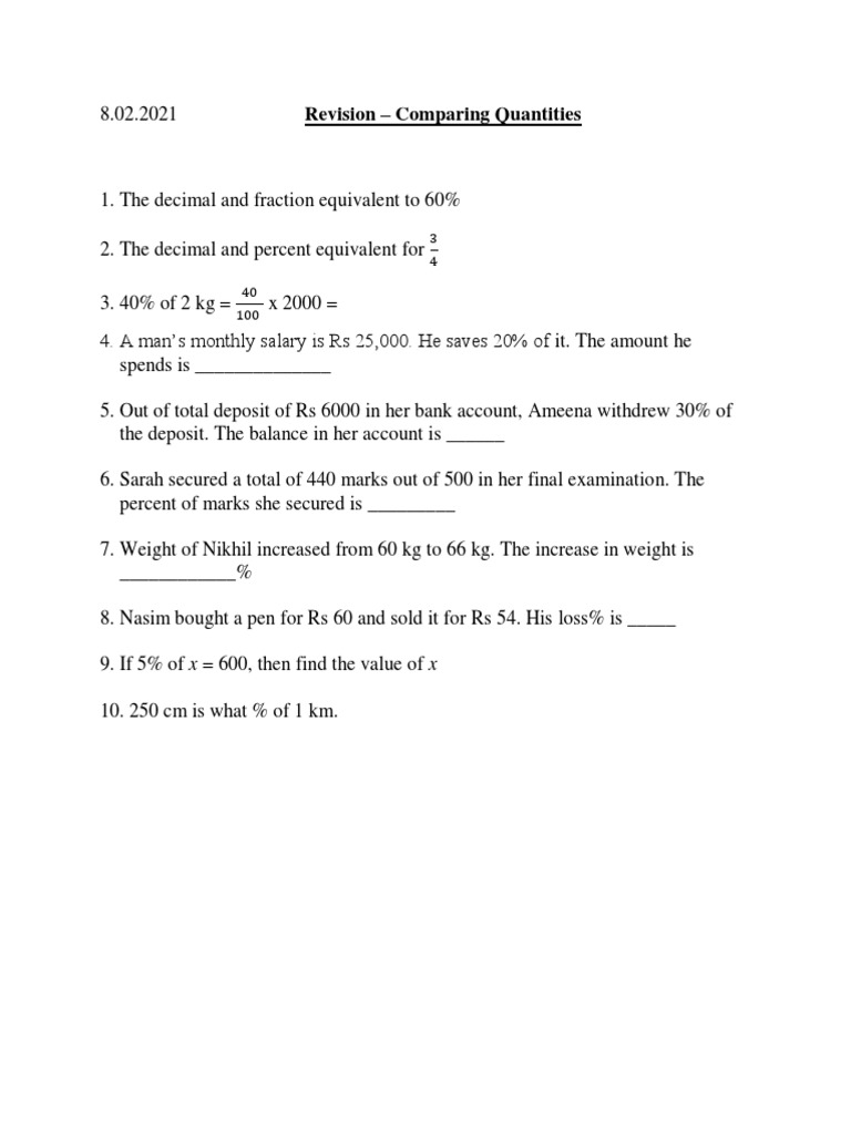 Revision Worksheet - Comparing Quantities | PDF