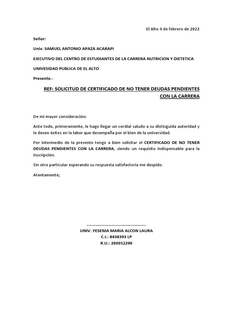 Carta Solicitud Certificado Deudas Pendientes 2022 PDF