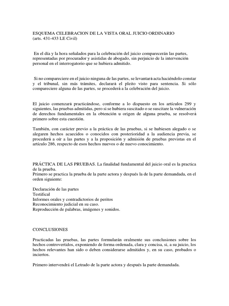 Esquema Celebracion de La Vista Oral Juicio Ordinario | PDF | Sentencia