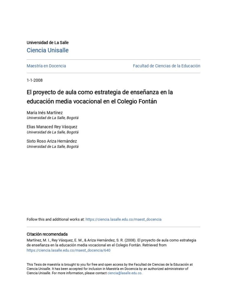 Proyecto de Aula en Educación Vocacional | PDF | Salón de clases | Plan ...