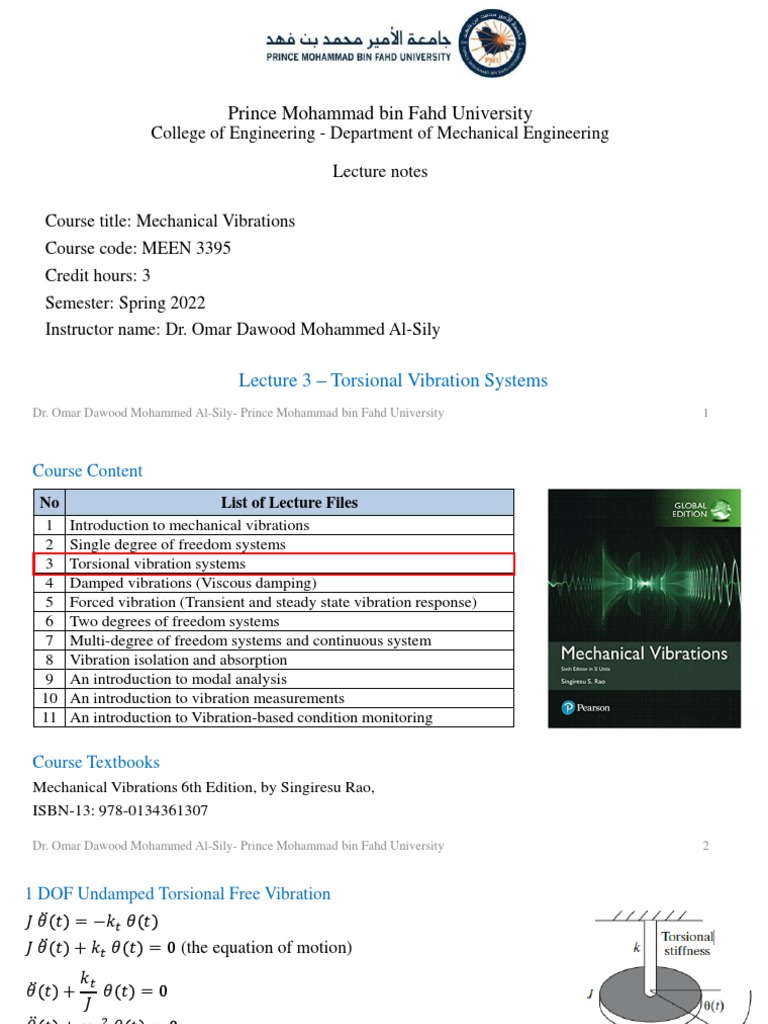Torsional Vibration Systems Lecture Notes | PDF | Motion (Physics ...