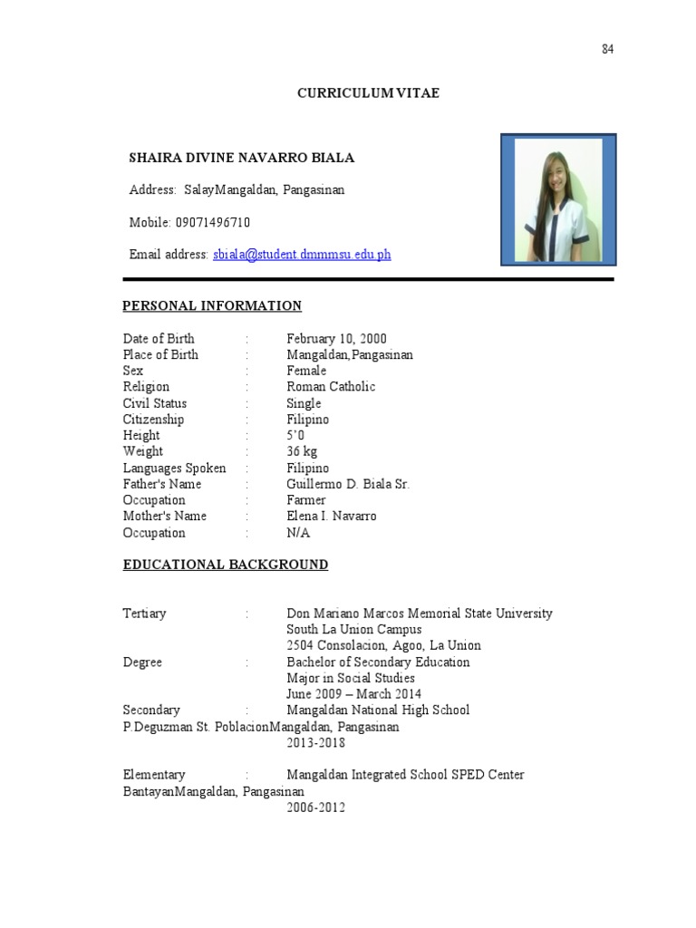 Curriculum Vitae: Sbiala@student - Dmmmsu.edu - PH | PDF | Philippines