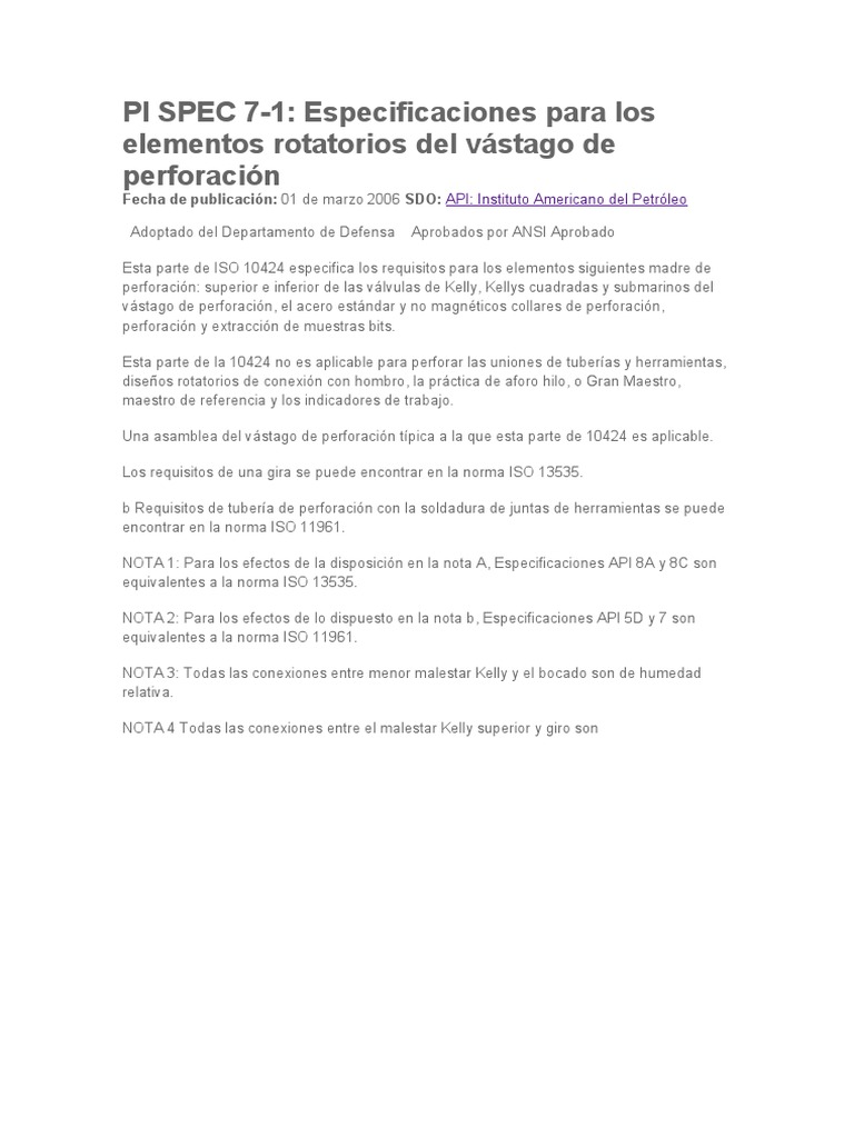 Especificaciones API 7-1 para Perforación | PDF