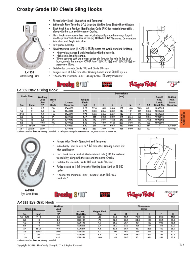 Crosby Grade 100 Clevis Sling Hooks J AA R L PDF