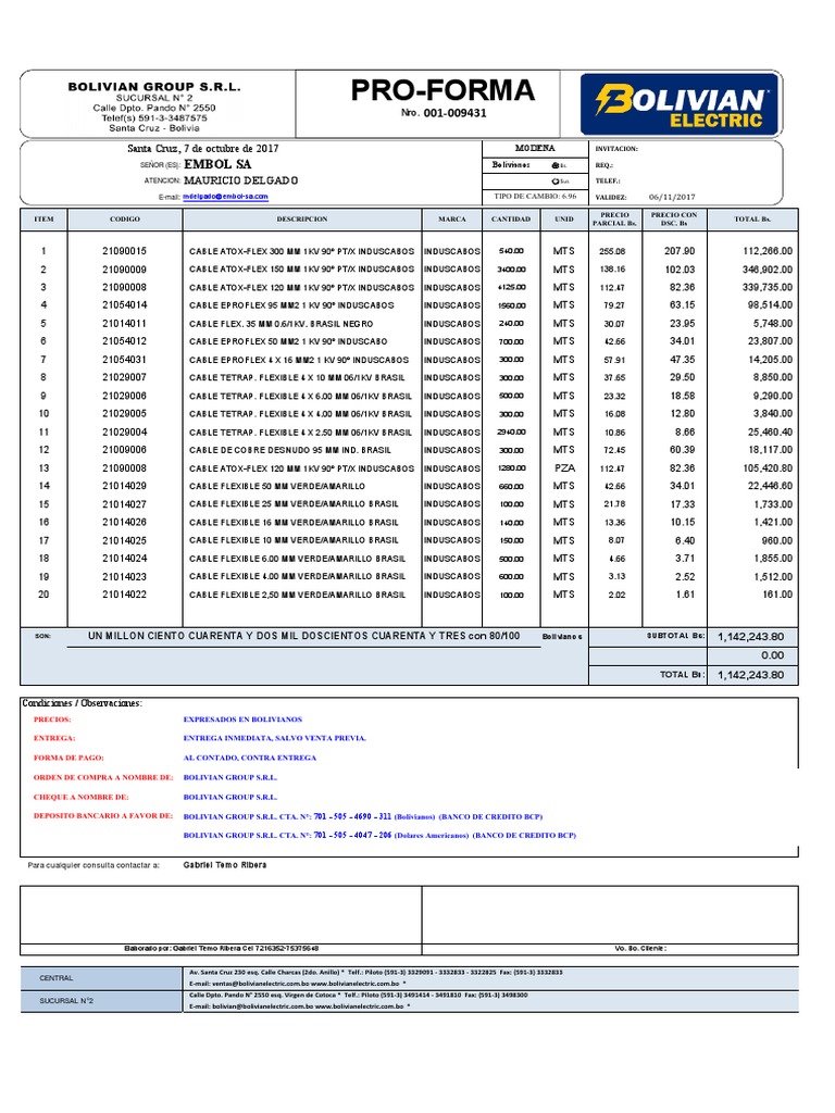 Proforma de Cables para EMBOL S.A. | PDF