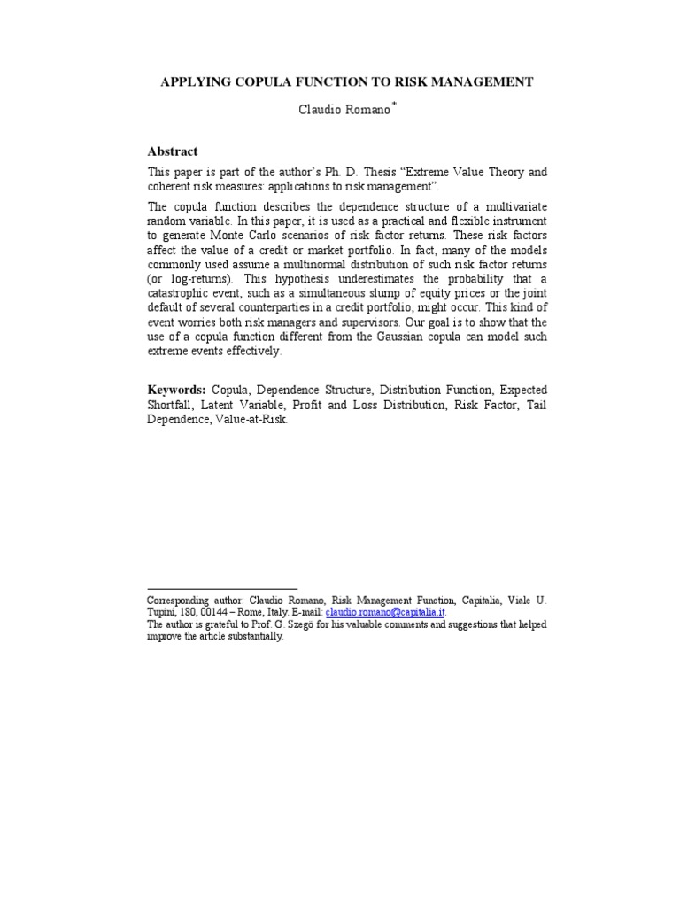 Copula Functions in Risk Management | PDF | Value At Risk ...