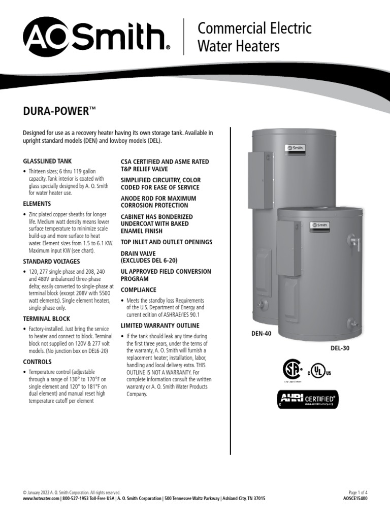 A.O. Smith DEL 6 DEN 52 Specifications PDF
