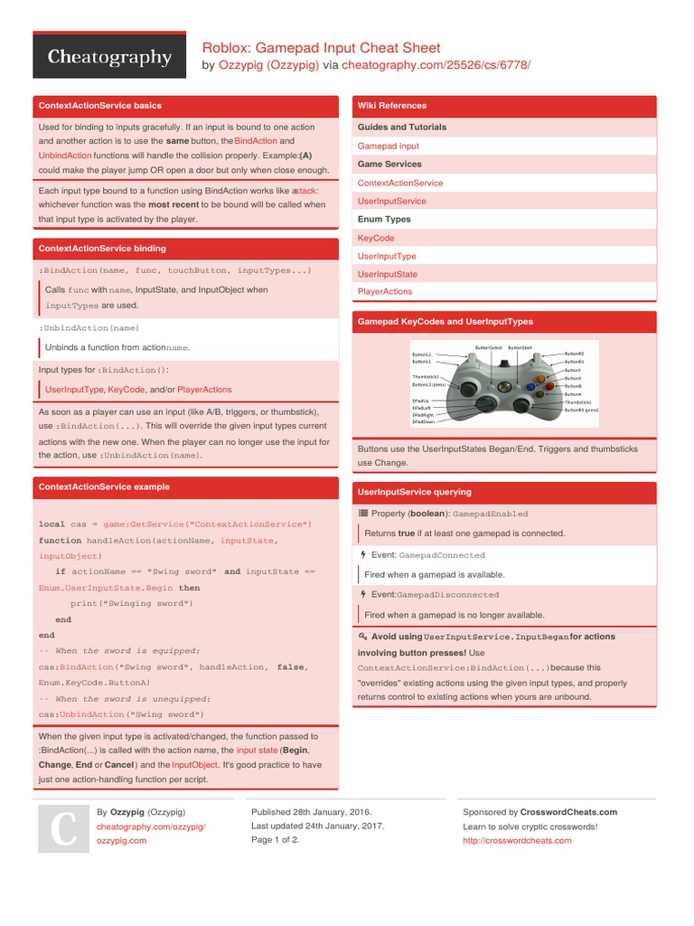 Roblox Gamepad Input Cheat Sheet by Via PDF Software Computing