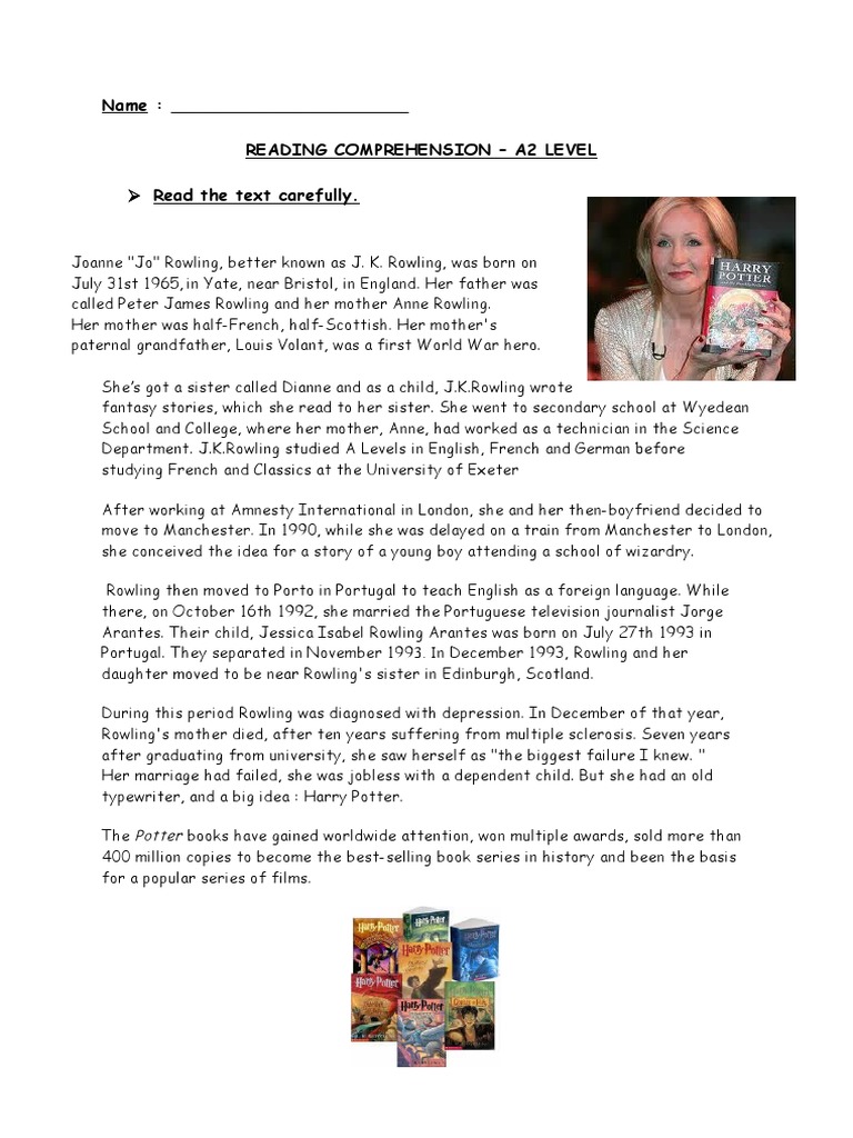 Read The Text Carefully.: Name: Reading Comprehension - A2 Level | PDF | J.  K. Rowling | Harry Potter
