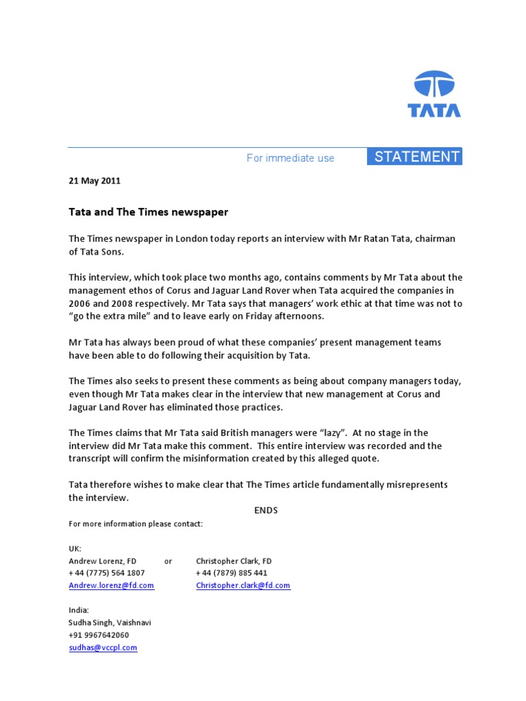 Tata Statement 210511 | PDF | Technology & Engineering