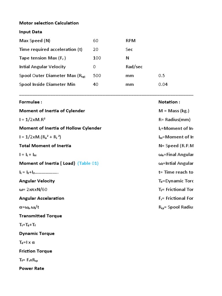 Motor Selection Calculation PDF Torque Spacetime