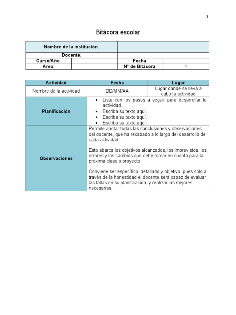 Formato de Bitácora Escolar Imprimible | PDF