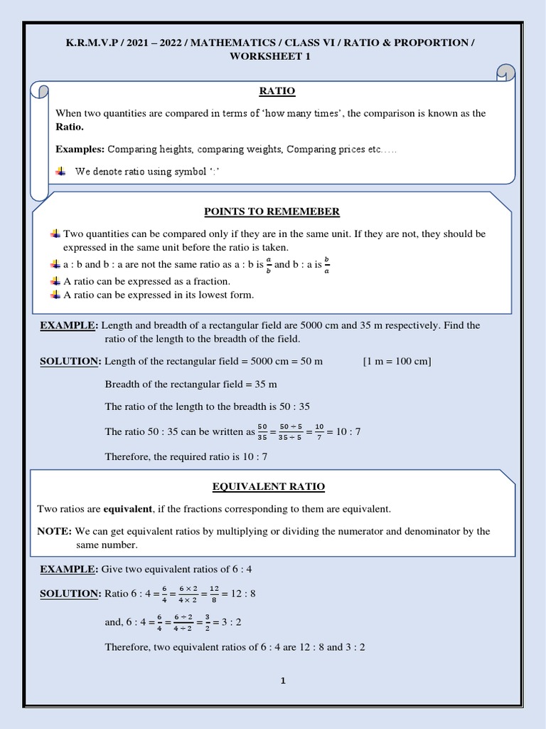 Class 6 Ratio & Proportion Worksheet | PDF | Ratio | Arithmetic