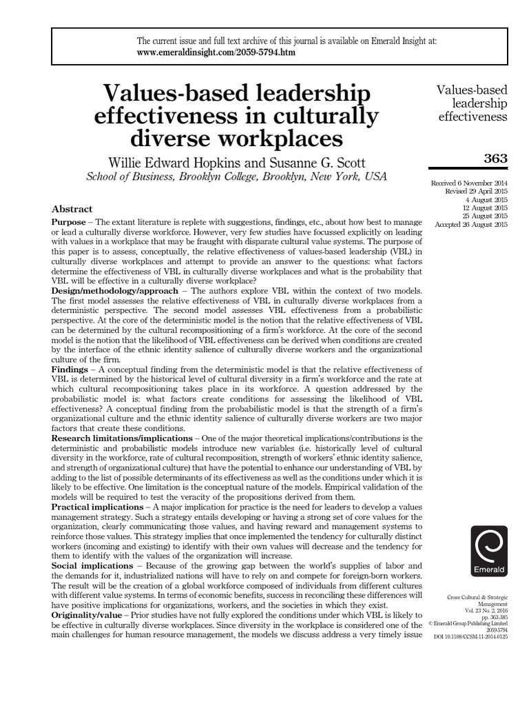 Value Based Leadership | PDF | Organizational Culture | Leadership