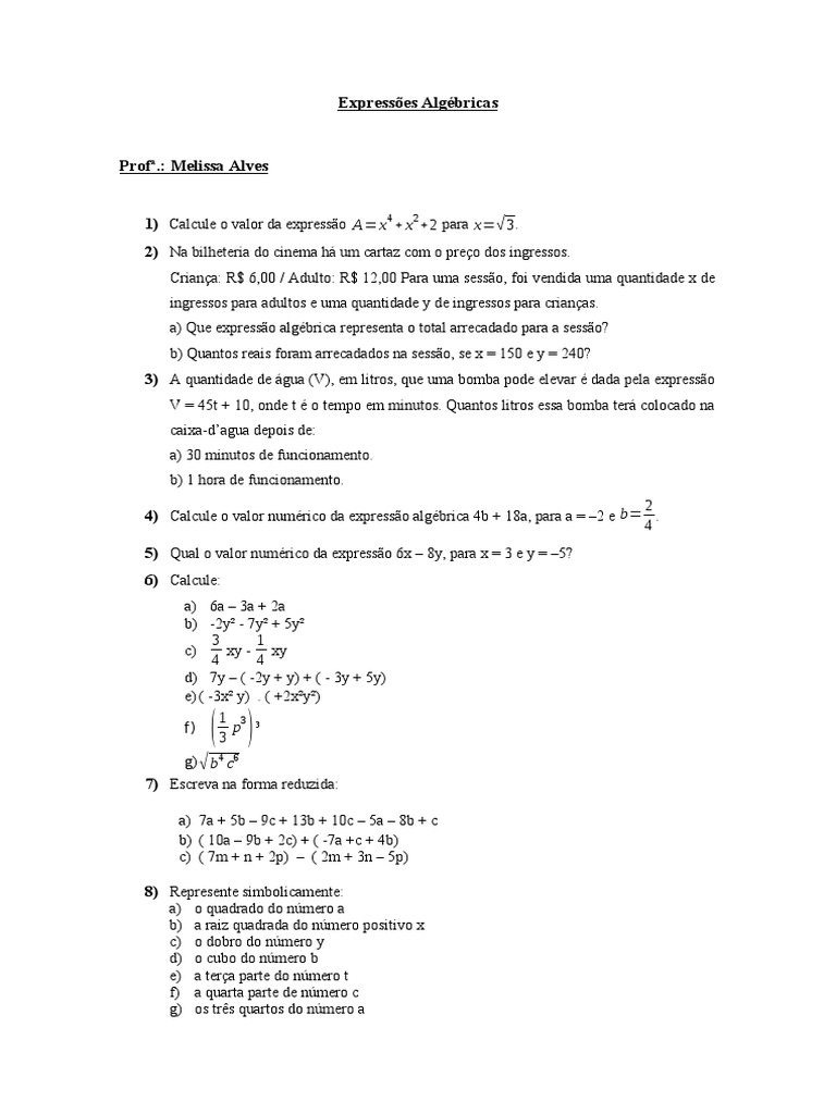 Expressões Algébricas Pdf Objetos Matemáticos Analise Matemática