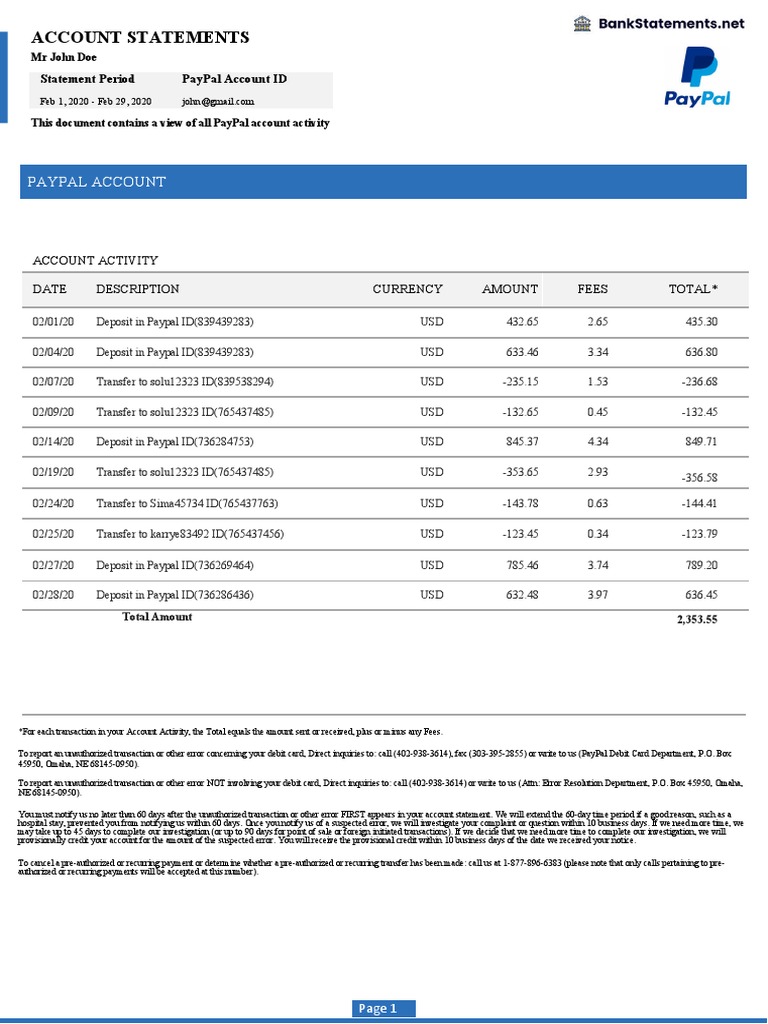 Paypal Bank Statement