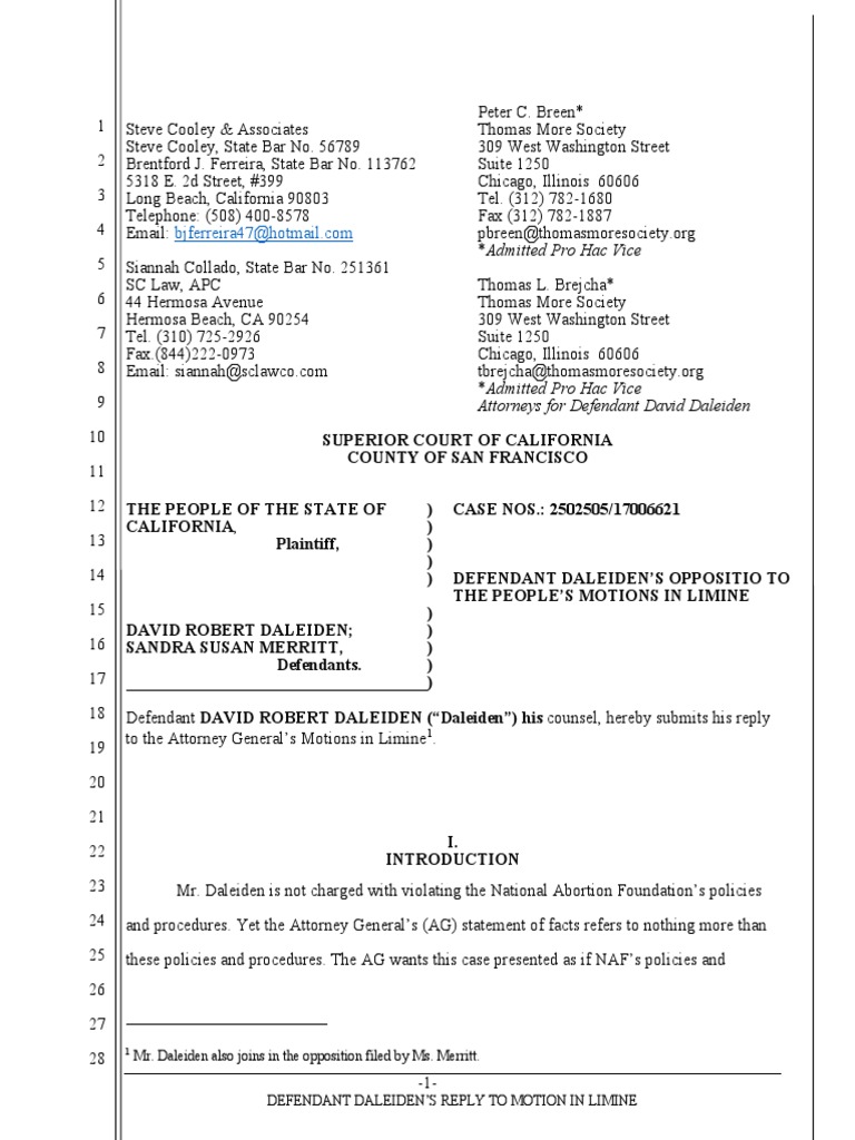 David Daleiden Opposes State of California Motions in Limine PDF