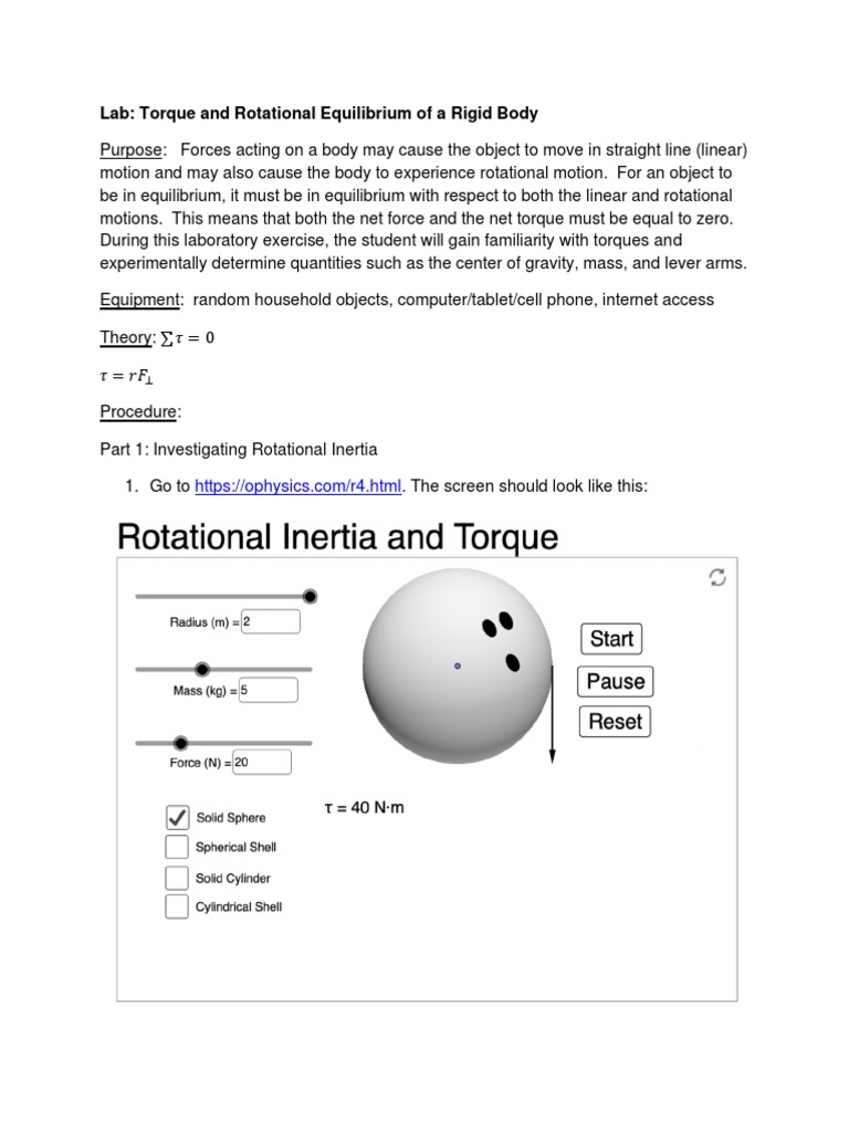 Lab Torque And Rotational Equilibrium Of A Rigid Body Pdf Center